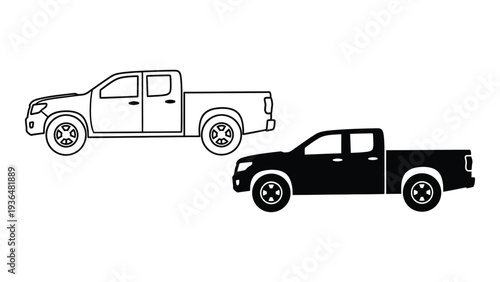 A black and white line drawing of two pickup trucks
