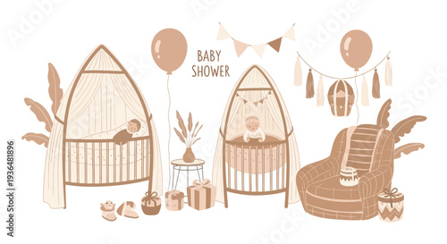 Neutral beige baby shower illustration with two cribs, sleeping babies, balloons, gifts, cozy armchair and decorative banners, perfect for party design