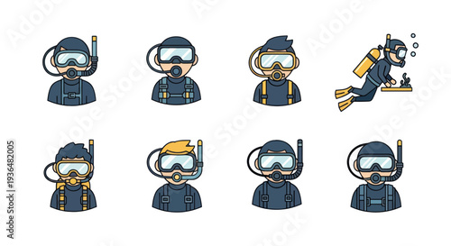 Set of cartoon scuba divers with masks and snorkels in various styles and positions, ideal for underwater and diving themed projects
