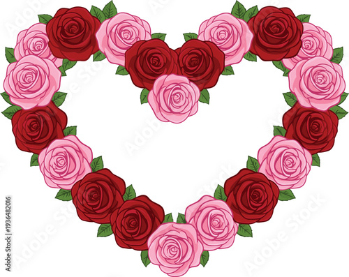Heart shaped rose wreath with red and pink flowers, romantic floral frame design for wedding, valentine greeting card decoration