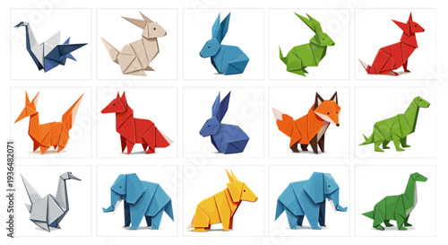 Collection of colorful origami dogs on for decoration