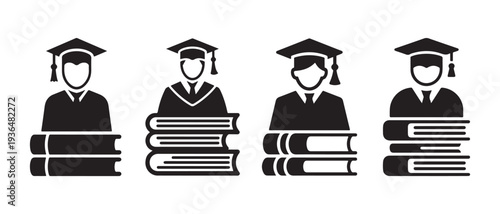 Graduation Icons. Students in Caps and Gowns with Stacks of Books Representing Education and Achievement.