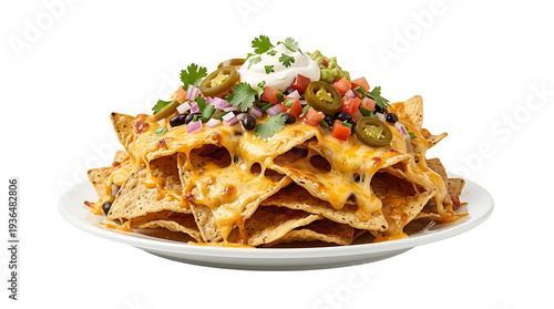 A plate of nachos with cheese and toppings on a transparent background