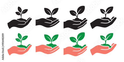 Hands Holding Seedling Sprouts. Black Silhouettes and Coral Red Icons - Growth and New Life Symbolism.