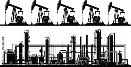 Oil pump jack row and petroleum refinery plant silhouette set, industrial oil production and petrochemical factory vector illustration