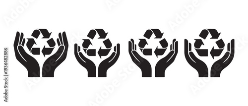 Hands Holding Recycling Symbol Icons Set. Sustainable Eco-Friendly Concept, Clean Energy and Nature Protection Line Art.