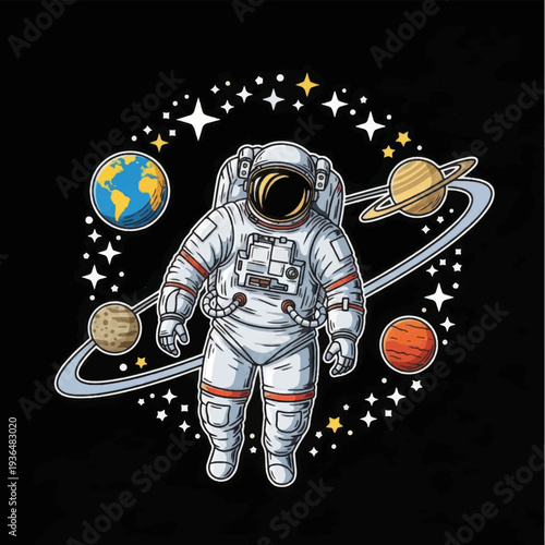 Astronaut in Space Suit Surrounded by Planets.