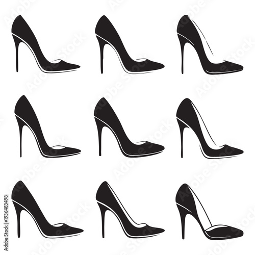 Nine black heel shoes in different styles and angles stilettos fashion