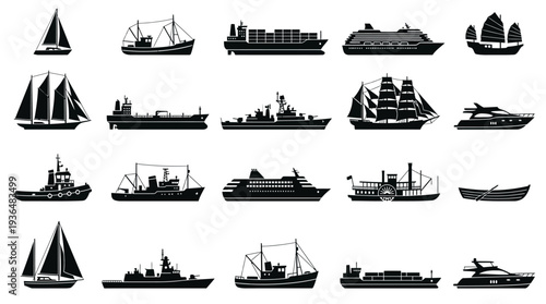 Collection of various boat silhouettes on white background