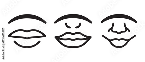 Minimalist Line Art Icons of Human Faces Showing Different Mouth and Nose Expressions on White Background.
