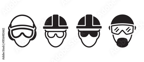 Set of safety helmets and goggles icons, representing personal protective equipment for construction, industry, and hazardous work environments.