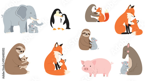 Sweet collection of animal parents and their offspring featuring elephants, penguins, foxes, sloths, and pigs in loving poses together.