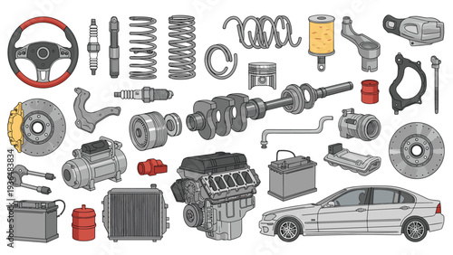 Detailed technical illustrations of various automotive spare parts including an engine, radiator, brakes, and steering wheel components.
