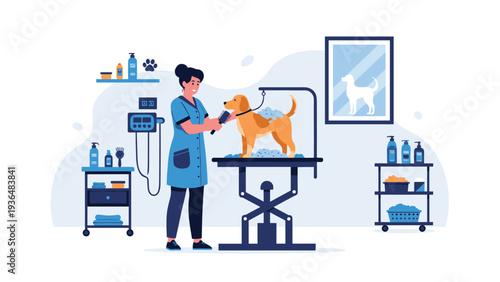 Professional female dog groomer washing and brushing a golden retriever on a hydraulic table in a modern pet salon environment.