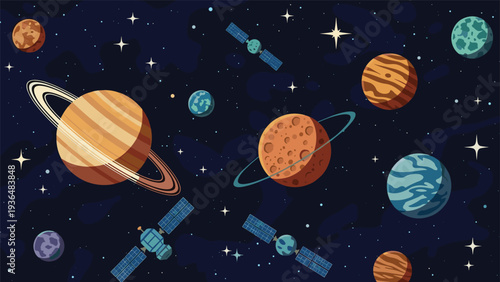 Vibrant pixel art depiction of outer space featuring multiple planets with rings, distant stars, and scientific satellites in orbit.