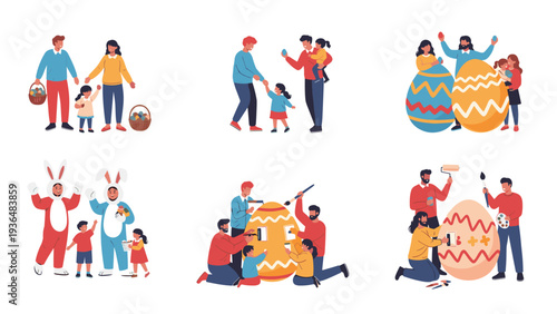 Various families and people participating in easter holiday activities like egg hunting, painting giant eggs, and wearing bunny costumes.