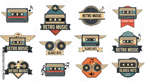 Set of vintage-style retro music badges and logos featuring winged cassette tapes and musical notes for an old-school aesthetic.