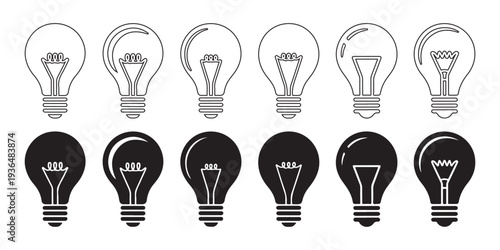 Set of six vintage incandescent light bulbs, half in outline and half in silhouette, symbolizing ideas and creativity..