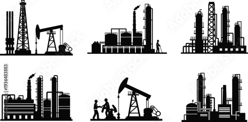 Oil, refinery, industry, petroleum, pumpjack, drilling, industrial, plant, factory, pipeline, energy, petrochemical, extraction, production, fuel, infrastructure, engineering, machinery, silhouett