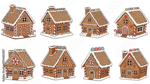 Charming collection of various gingerbread houses decorated with colorful candies, frosting, and icing for the winter holiday season.