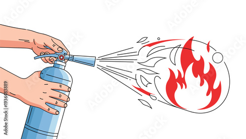Close-up illustration of hands operating a blue fire extinguisher to spray a chemical cloud and suppress an active red fire flame.
