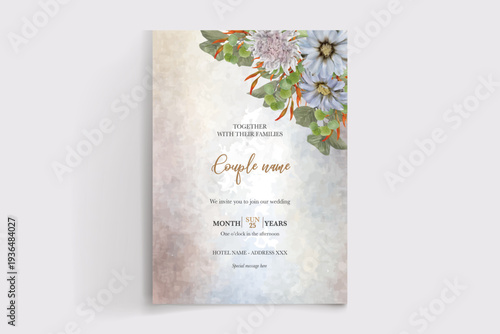 WEDDING INVITATION FRAME WITH FLOWER DECORATIONS AND FRESH LEAVES