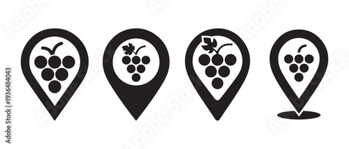 Grape Location Icons. Vineyard Pin Markers, Wine Region Map Pins, Winery Signposts, Fruit Location Symbols.