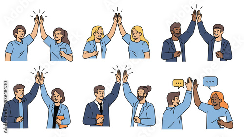 Various groups of diverse business colleagues celebrating success by giving each other enthusiastic high-fives in an office setting.