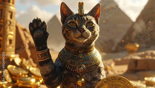 Regal feline, adorned in gold, amidst ancient pyramids & treasures