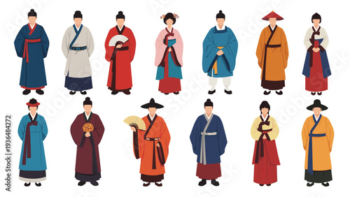 Set of diverse male and female characters wearing colorful traditional Korean hanbok clothing in various styles and colors for cultural design.