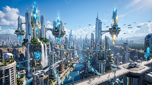 Science Fantasy Metropolis Panorama view with Floating Island, Blue Sky Atmosphere