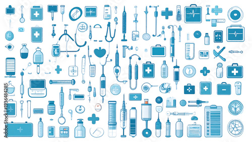 Medical equipment icons, hospital tools illustration, healthcare devices vector, emergency treatment supplies, patient care objects, cad drawing flat vector illustration