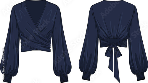 Women, blouse, wrap, top, fashion, clothing, long sleeve, elegant, apparel, garment, navy, design, stylish, female, outfit, textile, vector, front, back, template