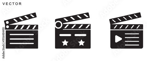 Clapper board icon, film movie clapper board vector set, camera, film, clapper board, reel, player icon illustration