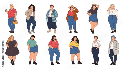 Group of diverse plus size women wearing various stylish and modern casual outfits in a fashion illustration promoting body positivity.