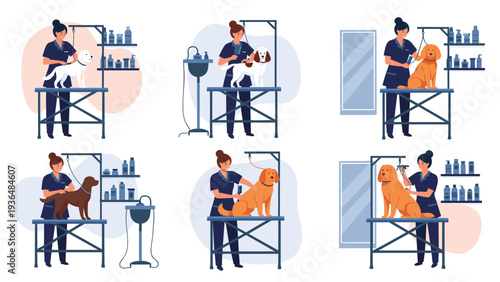 Professional pet groomers are shown brushing, washing, and clipping different breeds of dogs in a clean and organized grooming salon.