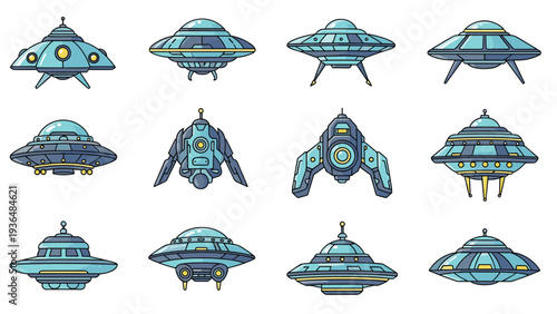 Collection of different retro and futuristic flying saucer and spaceship designs in various shades of blue for science fiction themes.