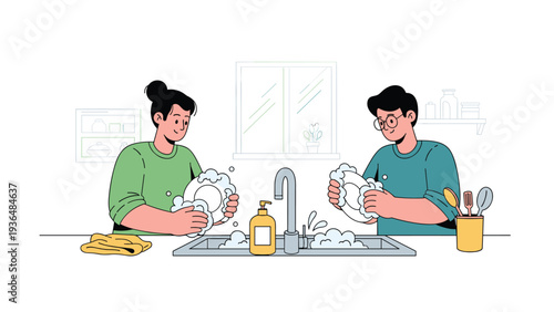 Friendly couple working together to wash and dry dishes in a kitchen sink with soap bubbles for a cooperative household chore scene.