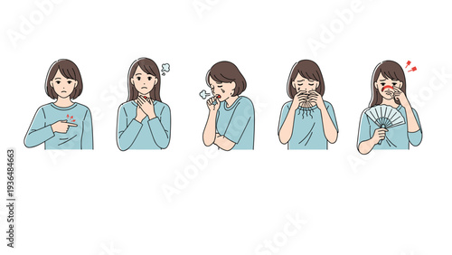 Set of illustrations showing a woman experiencing various health symptoms like sore throat, coughing, fever, and discomfort in a clinic.