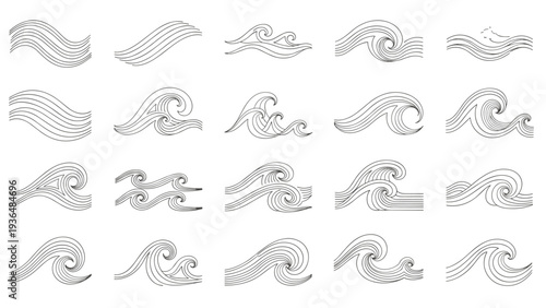 Diverse collection of stylized water wave illustrations in various artistic forms and patterns for maritime or decorative design themes.