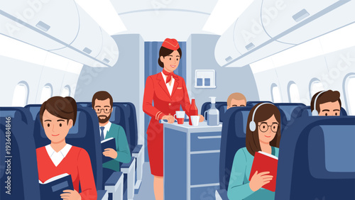 Flight attendant in red uniform serves drinks and snacks to passengers sitting in the cabin of a commercial airplane during flight.