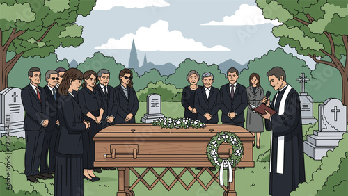 Priest and group of mourners dressed in black gather around a casket during a funeral service held in a peaceful green cemetery.