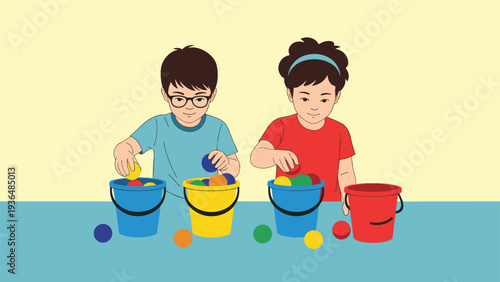 Two young children focus on sorting a variety of colorful balls into matching blue, yellow, and red buckets on a bright table top.