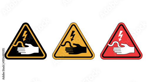 Warning signs indicating electrical shock hazard with hand and lightning bolt symbols in black, yellow, and red colors.
