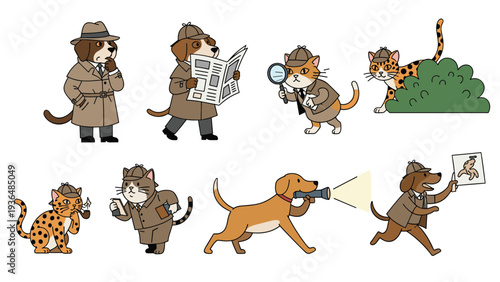 Set of clever animal characters like dogs and cats dressed in detective outfits and using tools to solve mysteries and find clues.
