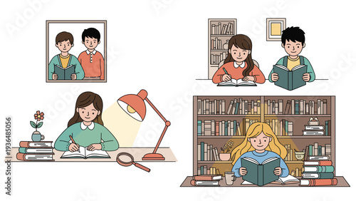Collection of scenes showing young students reading books and studying at desks in a home environment or a traditional library.