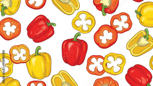Seamless background pattern featuring vibrant red and yellow bell peppers shown whole, halved, and in circular slices on white.