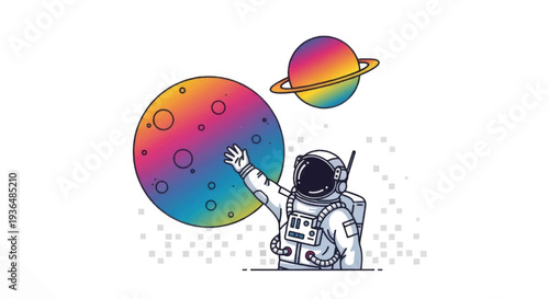 Astronaut Reaching for Colorful Planet Illustration.