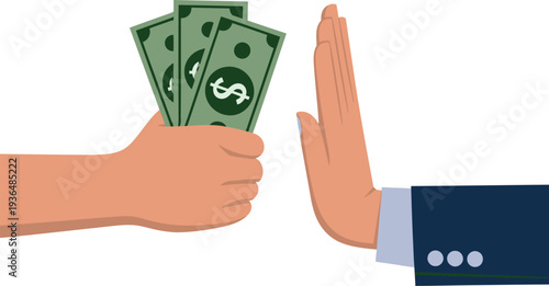 A hand in a business suit refusing money from another hand