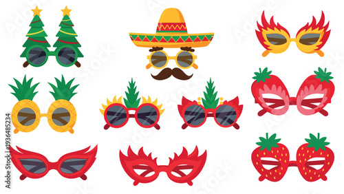Selection of colorful and fun novelty party glasses in shapes like pineapples, strawberries, Christmas trees, and red flames.